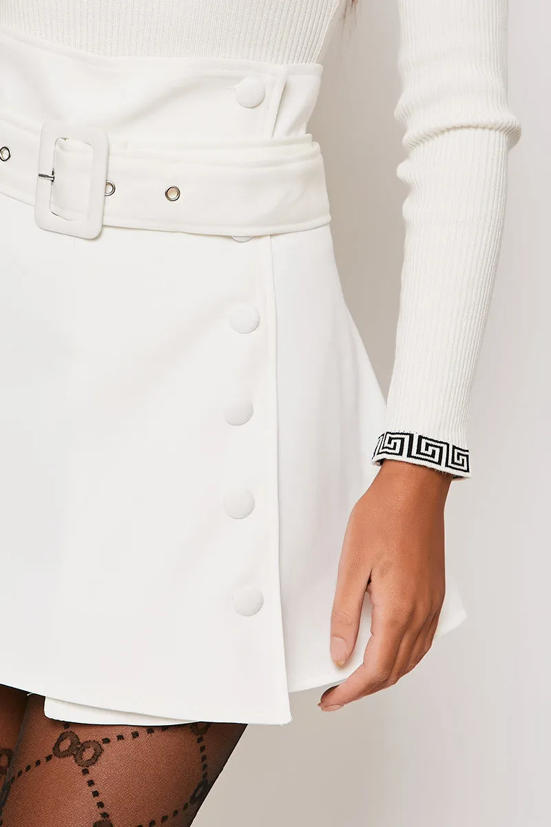 Abbey - White Tailored Side Buttoned Mini Skirt