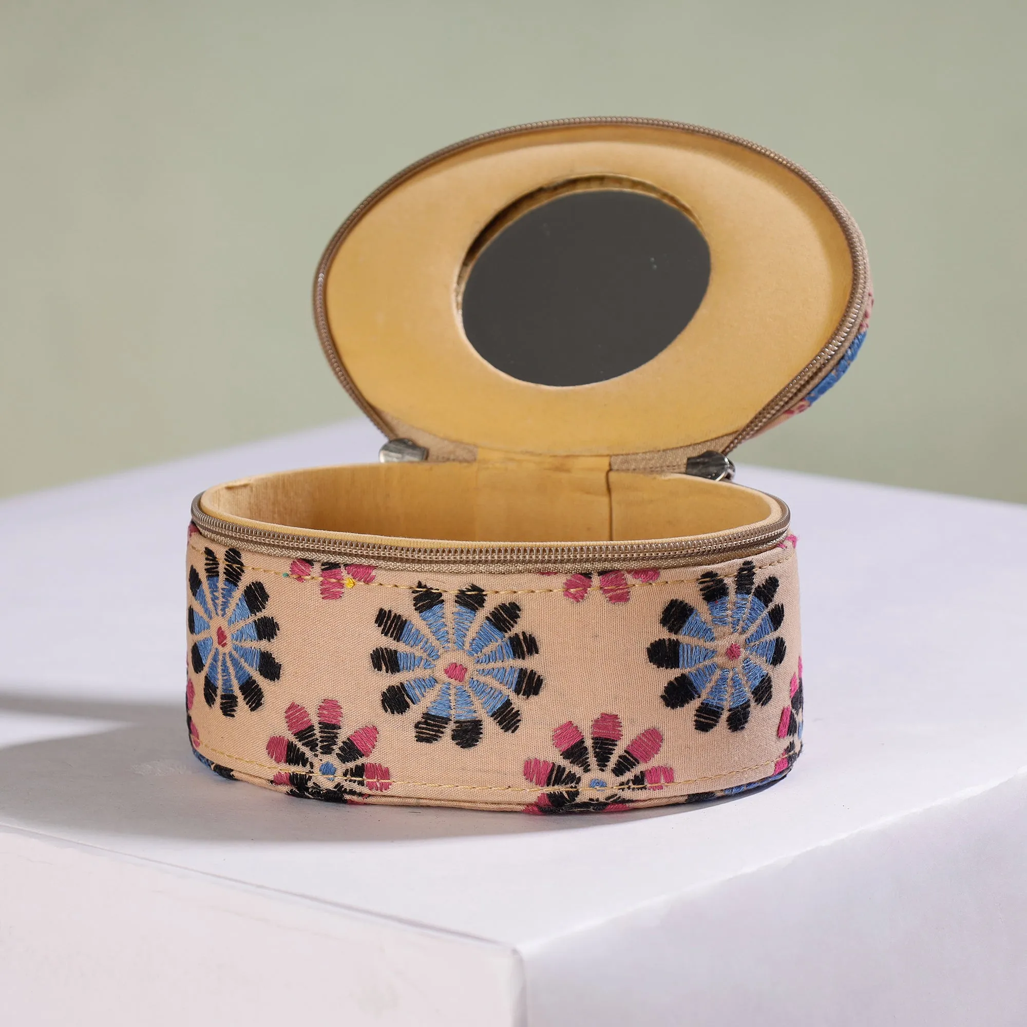 Beige - Bengal Kantha Work Handcrafted Oval Jewelry Box with Mirror