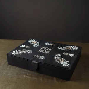 Black - Chikankari Hand Embroidery Tussar Silk Jewelry Box (12 x 8 in)