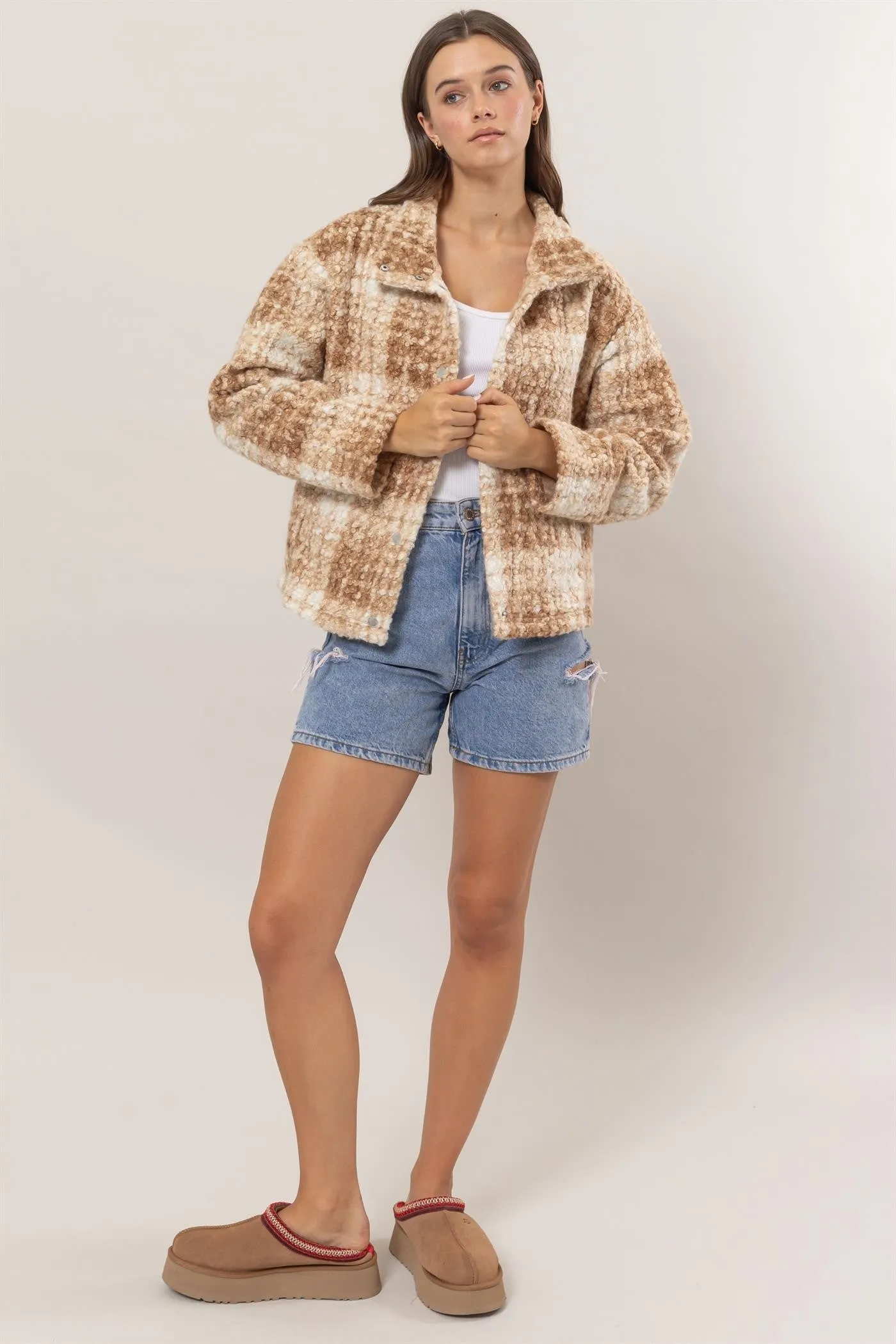 Brit Plaid Collared Neck Boucle Jacket with Pockets