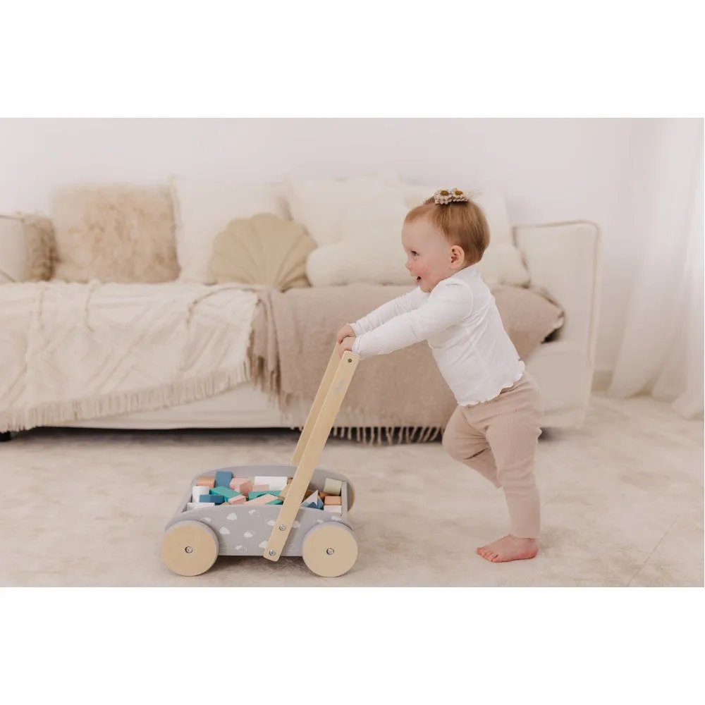 Bubble Wooden Baby Push Cart & Walker with 45 Building Blocks