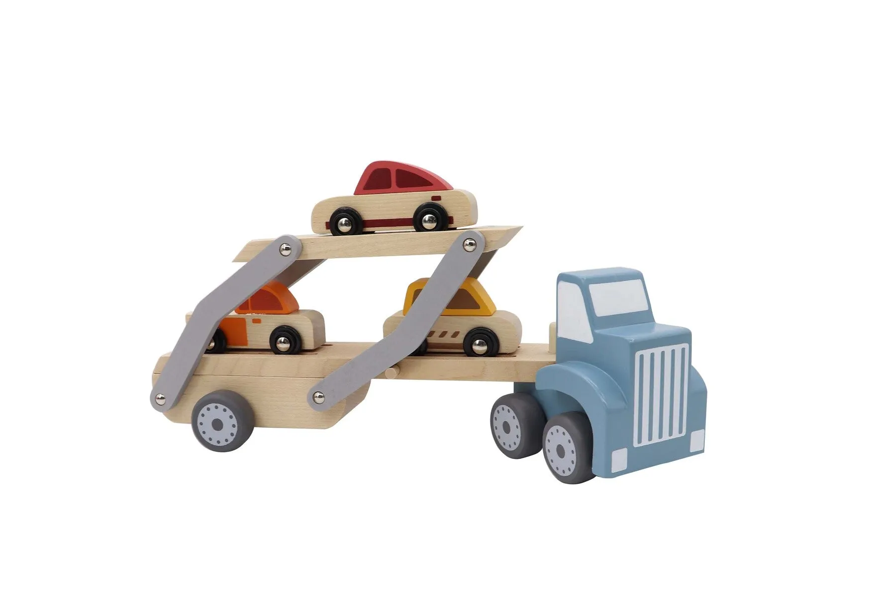 Car Carrier toy truck with movable tray and 3 wooden cars-Age: 18 M 