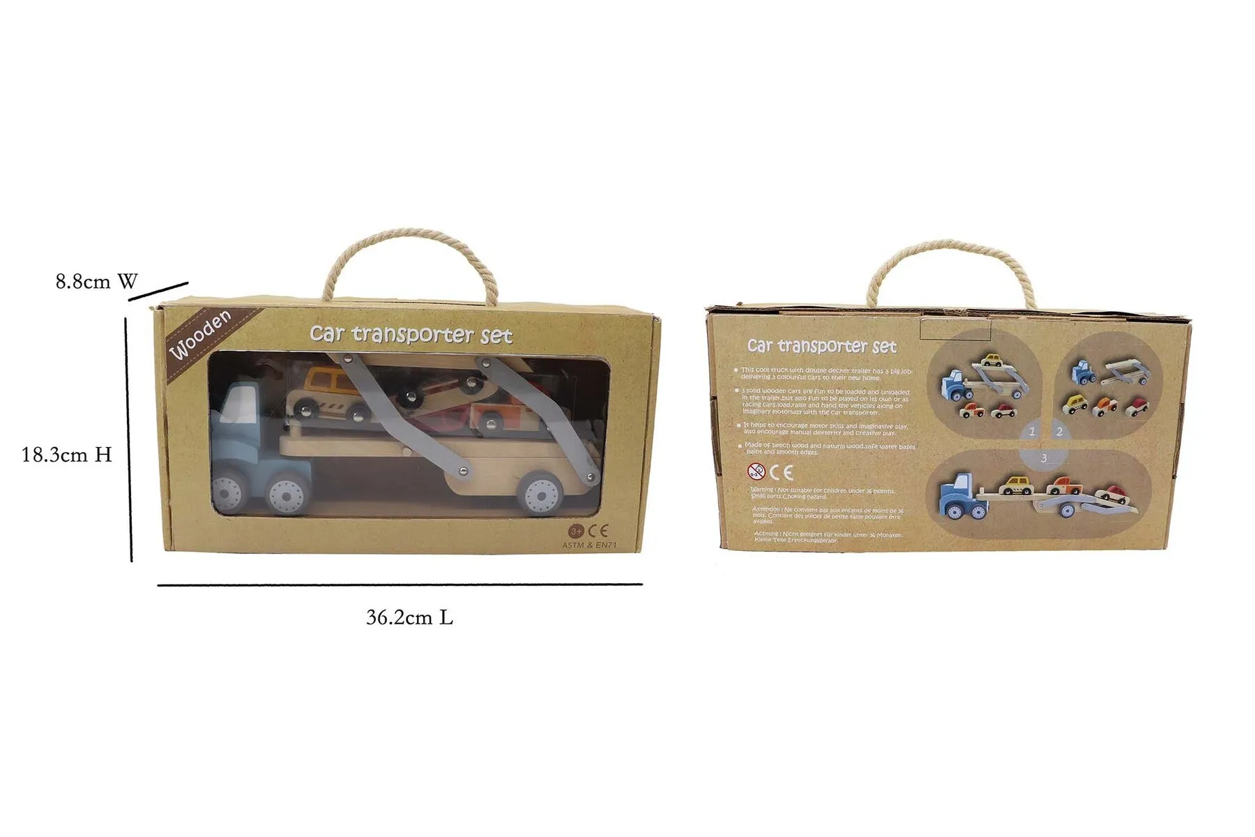 Car Carrier toy truck with movable tray and 3 wooden cars-Age: 18 M 