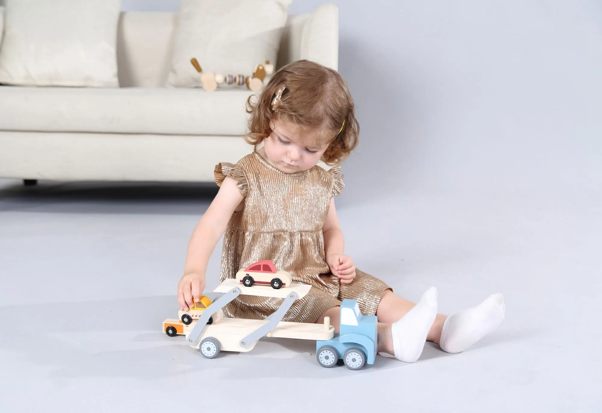 Car Carrier toy truck with movable tray and 3 wooden cars-Age: 18 M 