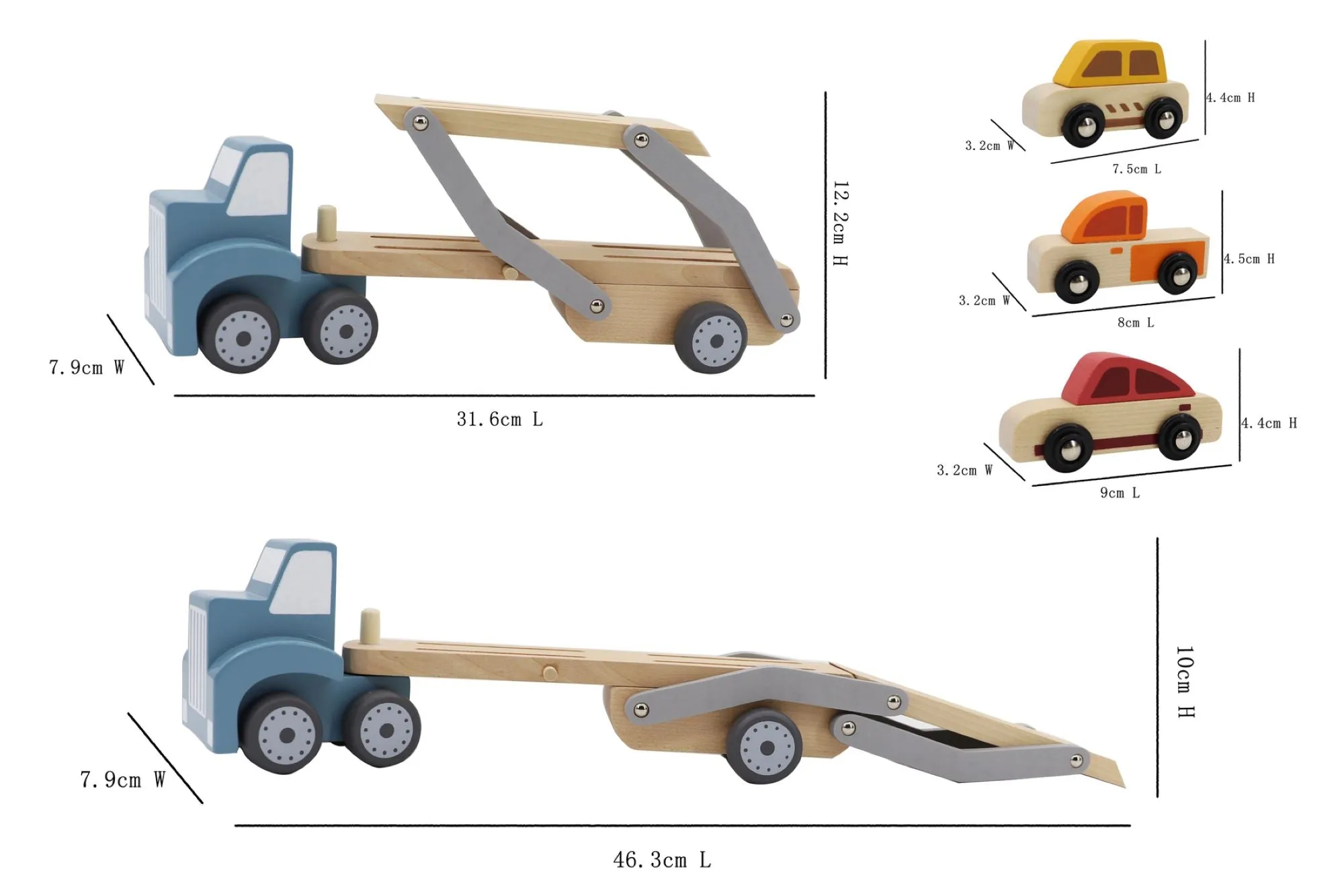 Car Carrier toy truck with movable tray and 3 wooden cars-Age: 18 M 