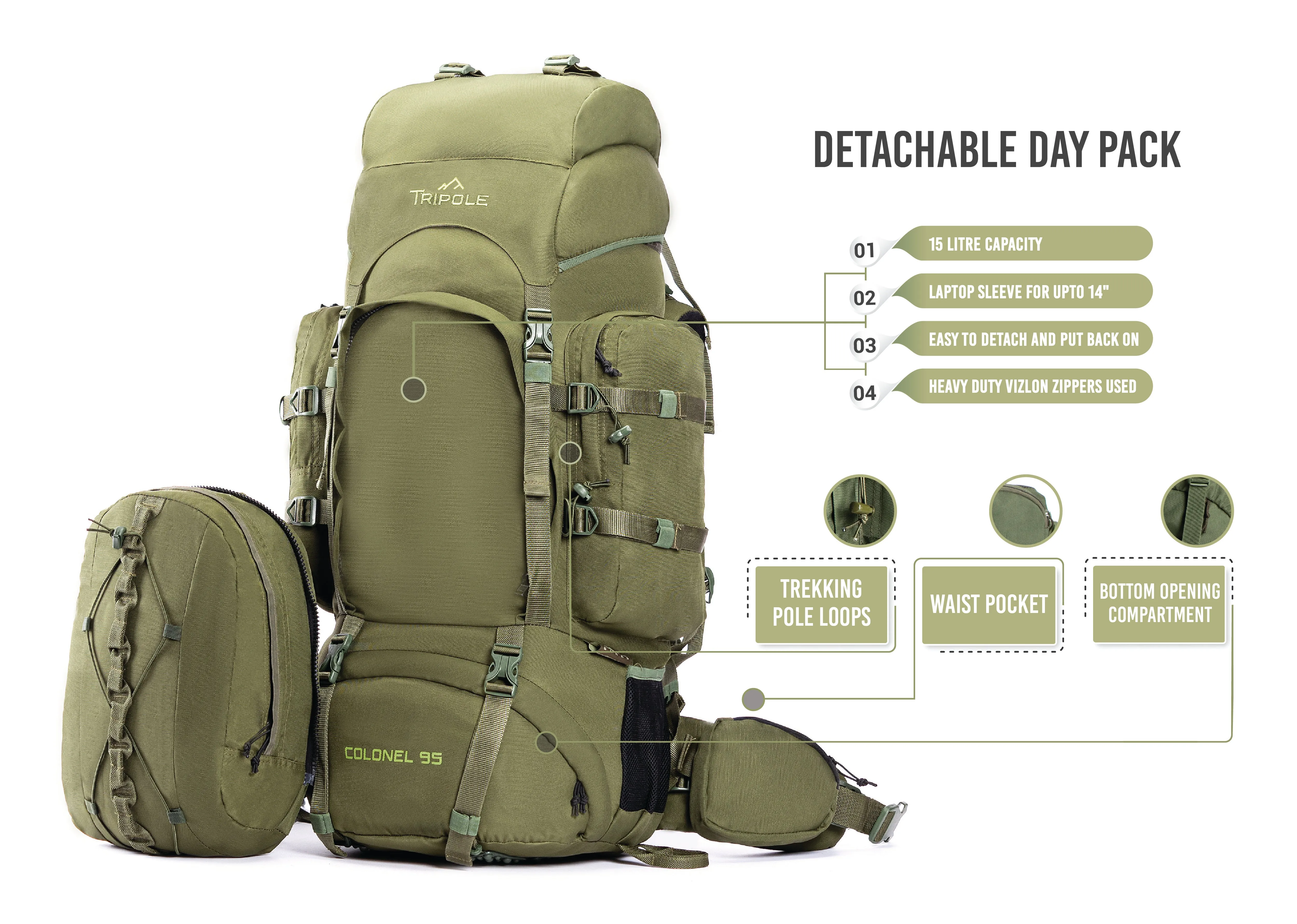 Colonel Series 95 Litre Rucksack   Detachable Day Pack & Rain Cover | Olive Green