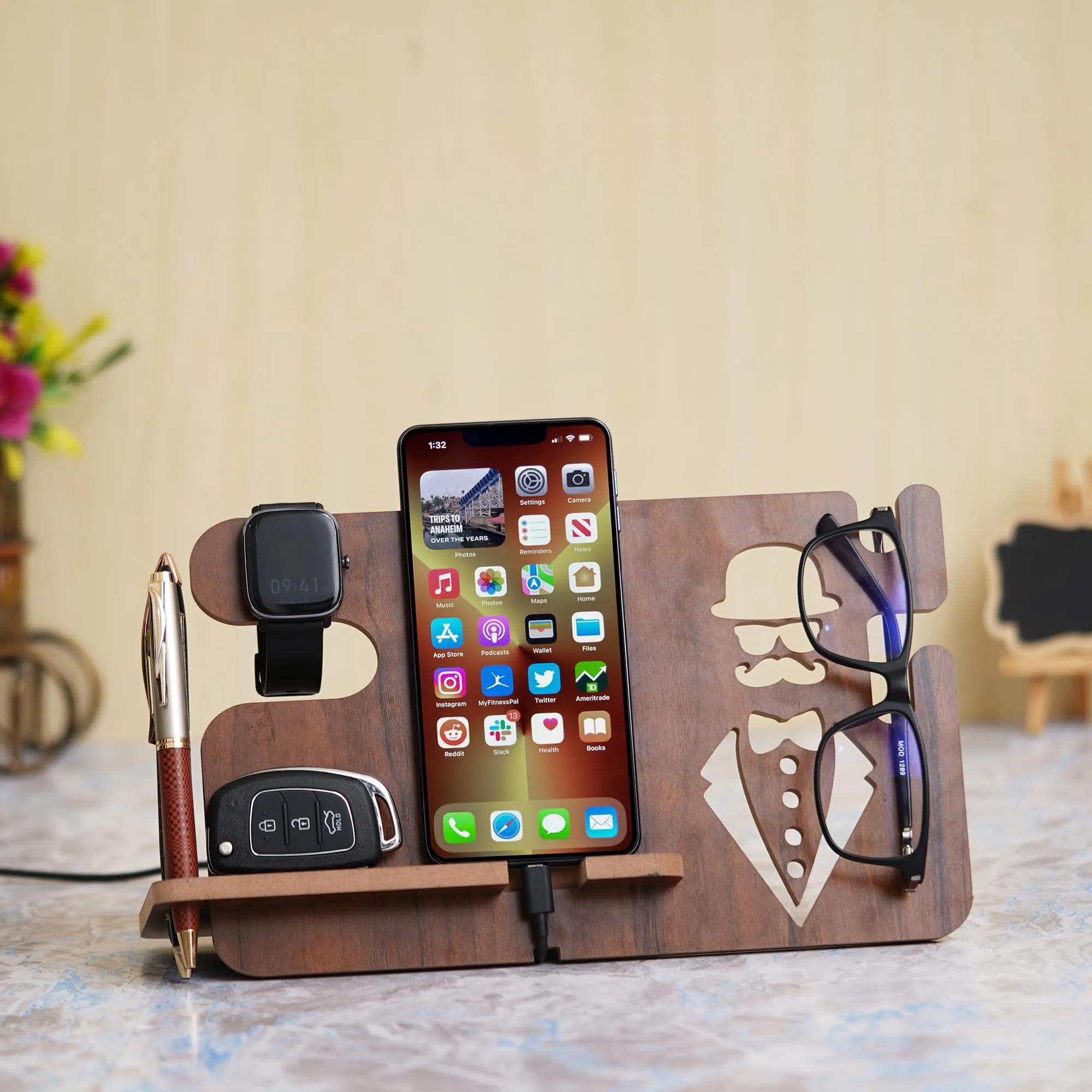 eCraftIndia Brown Wooden Multiutility Mobile, Watch, Specs, Key, Holder Desk Accessory - Ideal for Home, Office, and a Thoughtful Gift for Birthday, Housewarming, Friends, and Professionals