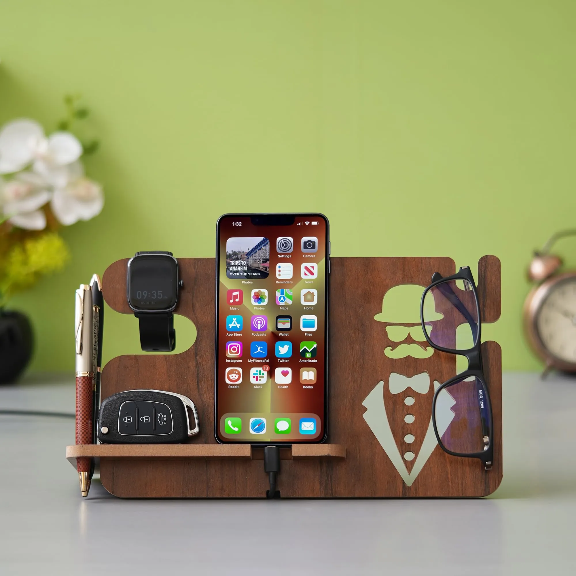 eCraftIndia Brown Wooden Multiutility Mobile, Watch, Specs, Key, Holder Desk Accessory - Ideal for Home, Office, and a Thoughtful Gift for Birthday, Housewarming, Friends, and Professionals