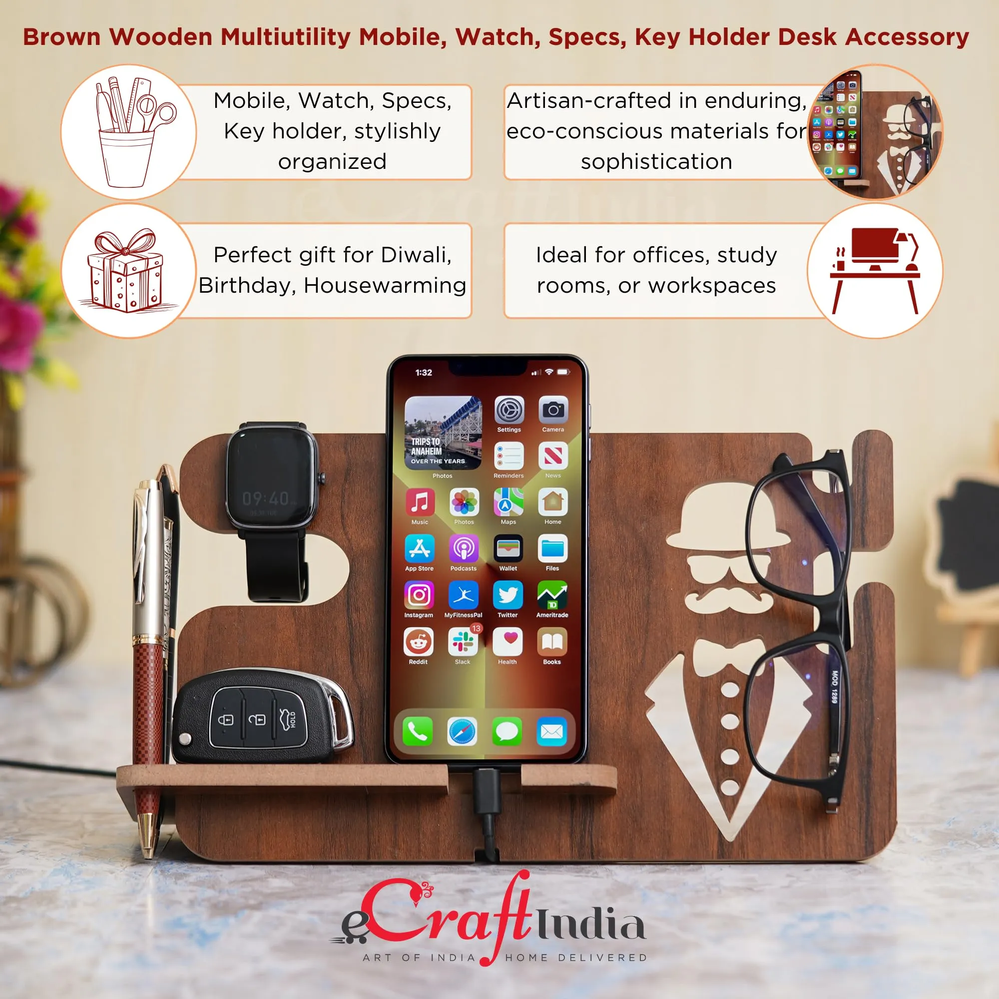 eCraftIndia Brown Wooden Multiutility Mobile, Watch, Specs, Key, Holder Desk Accessory - Ideal for Home, Office, and a Thoughtful Gift for Birthday, Housewarming, Friends, and Professionals