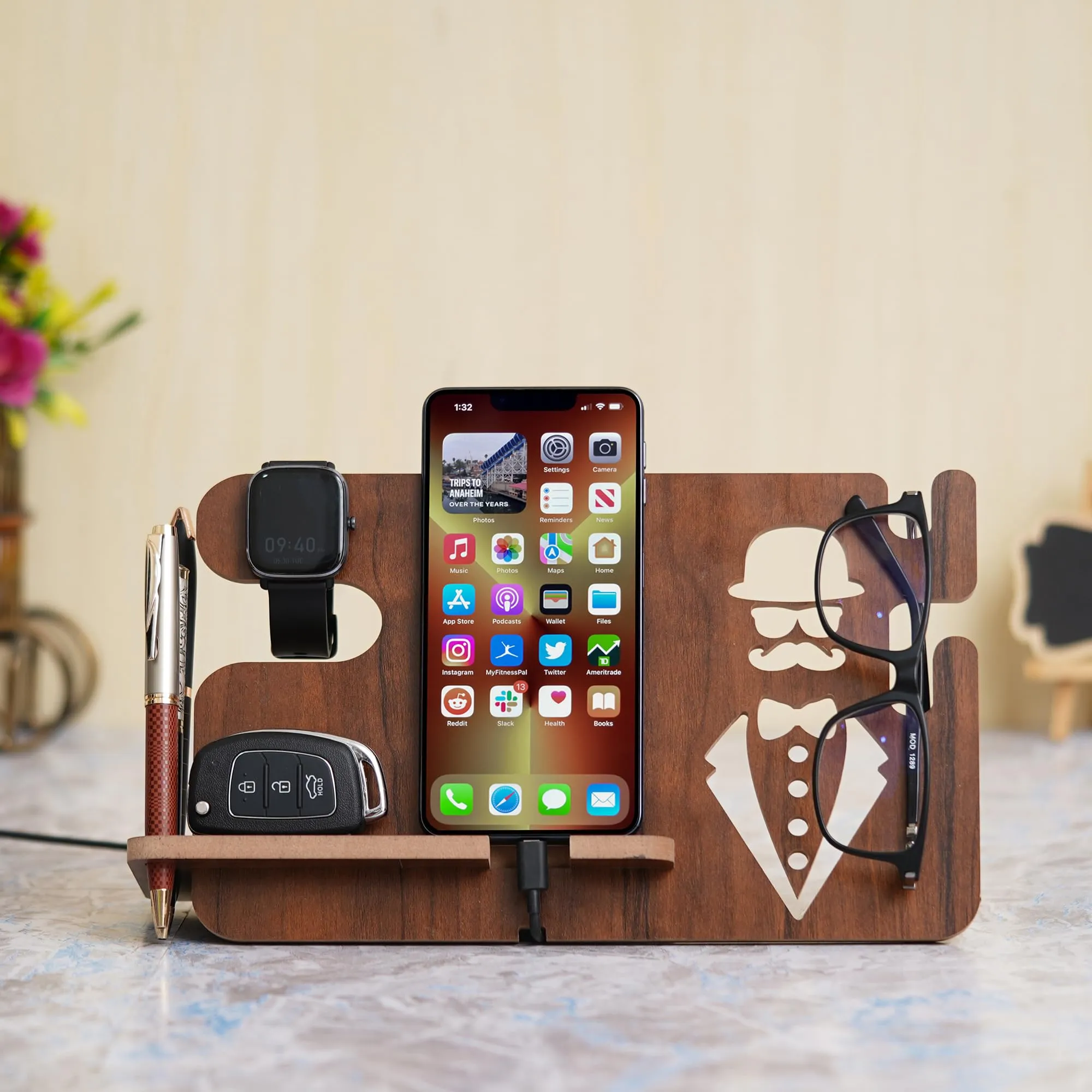 eCraftIndia Brown Wooden Multiutility Mobile, Watch, Specs, Key, Holder Desk Accessory - Ideal for Home, Office, and a Thoughtful Gift for Birthday, Housewarming, Friends, and Professionals