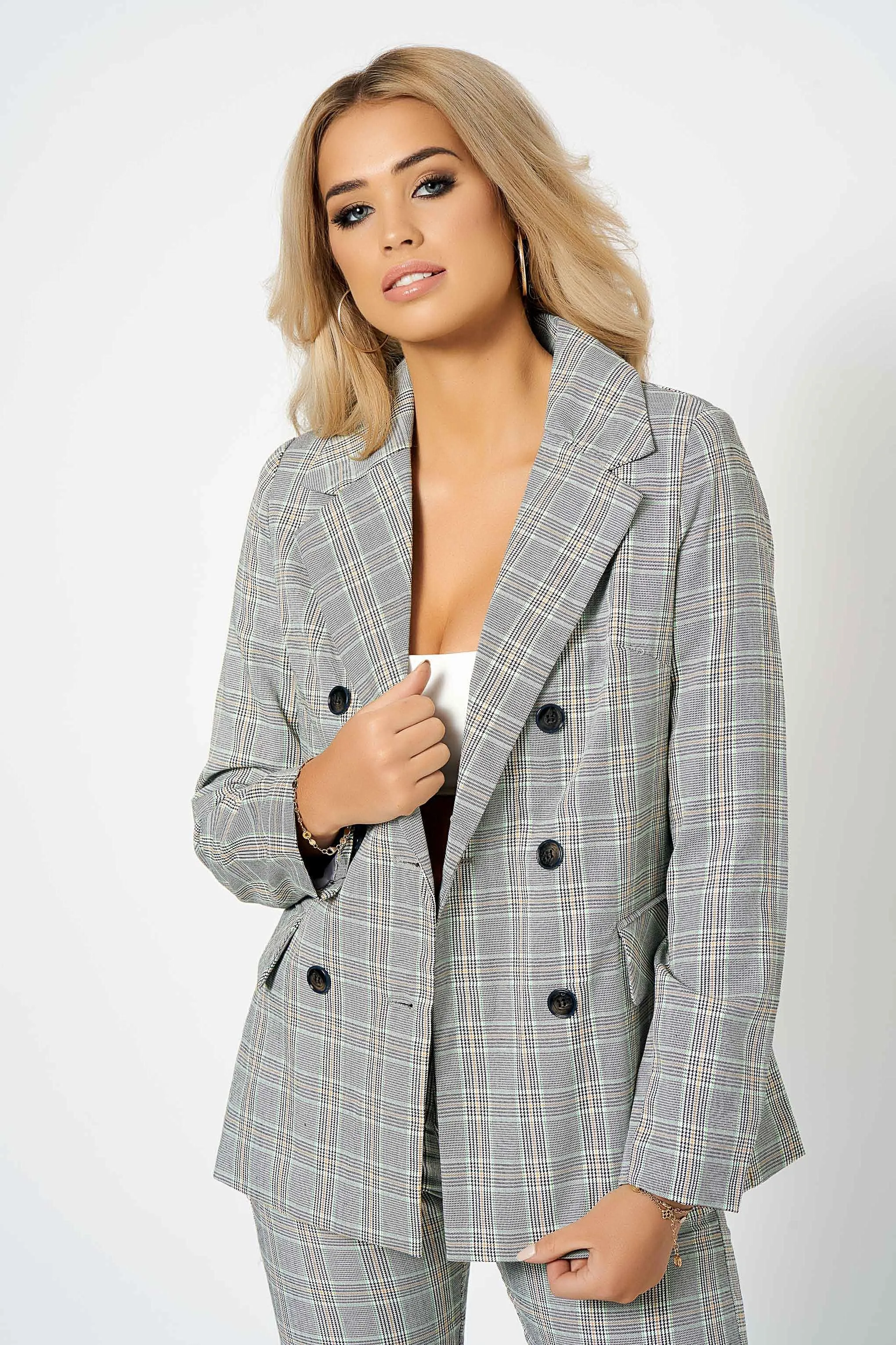 Grey Checked Double Breasted Blazer Co-Ord