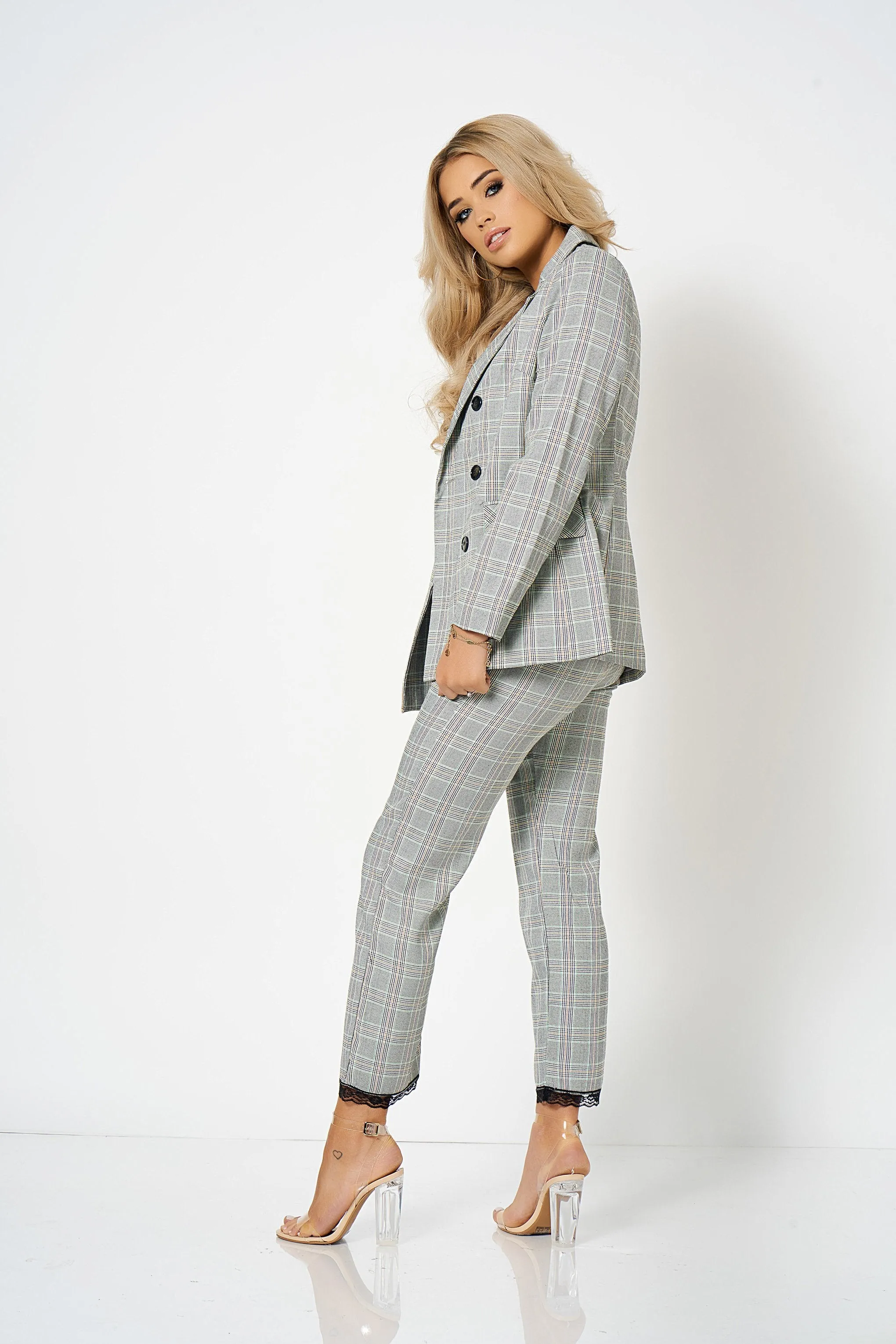 Grey Checked Double Breasted Blazer Co-Ord