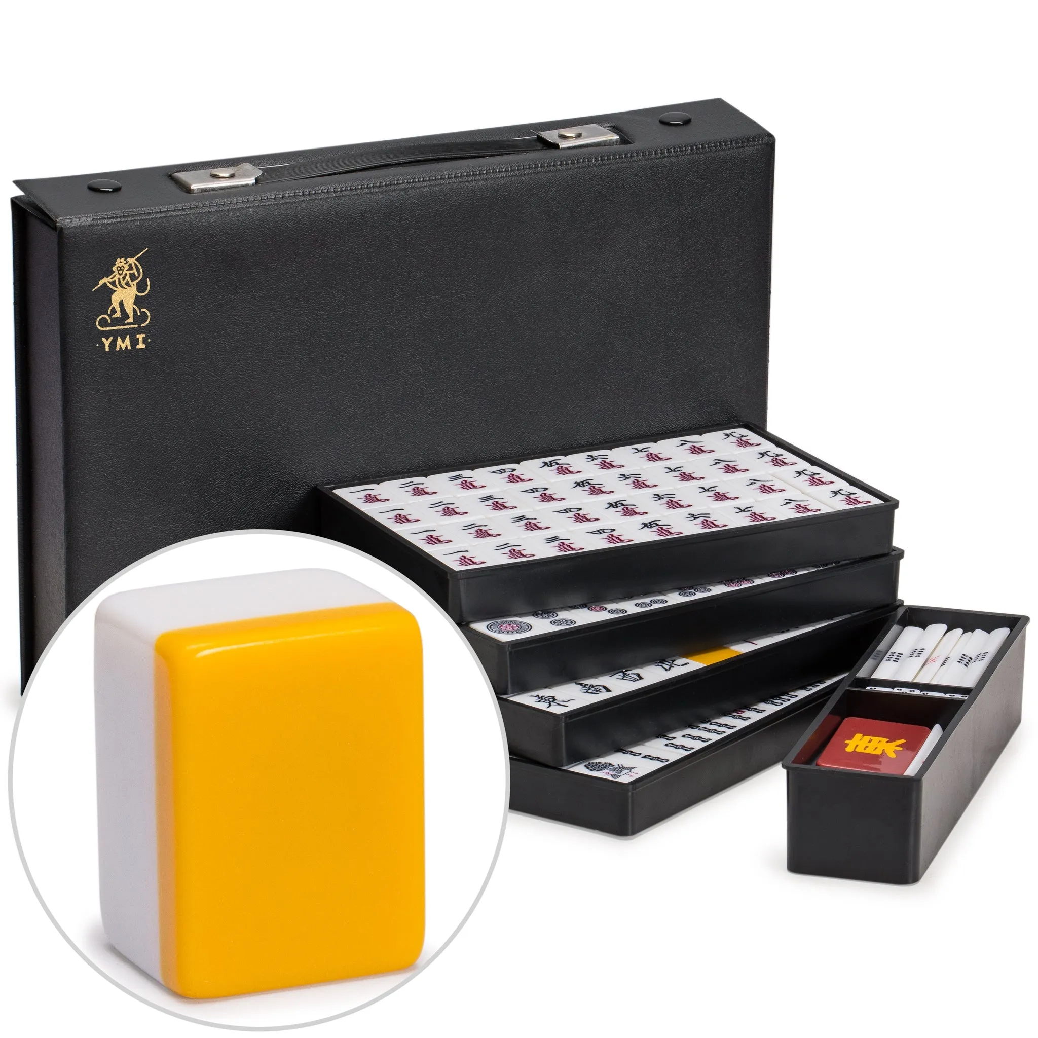 Japanese Riichi Mahjong Set - White and Yellow Standard Size Tiles with Black Vinyl Case - with East Wind Tile, Set of Betting Sticks, & Dice