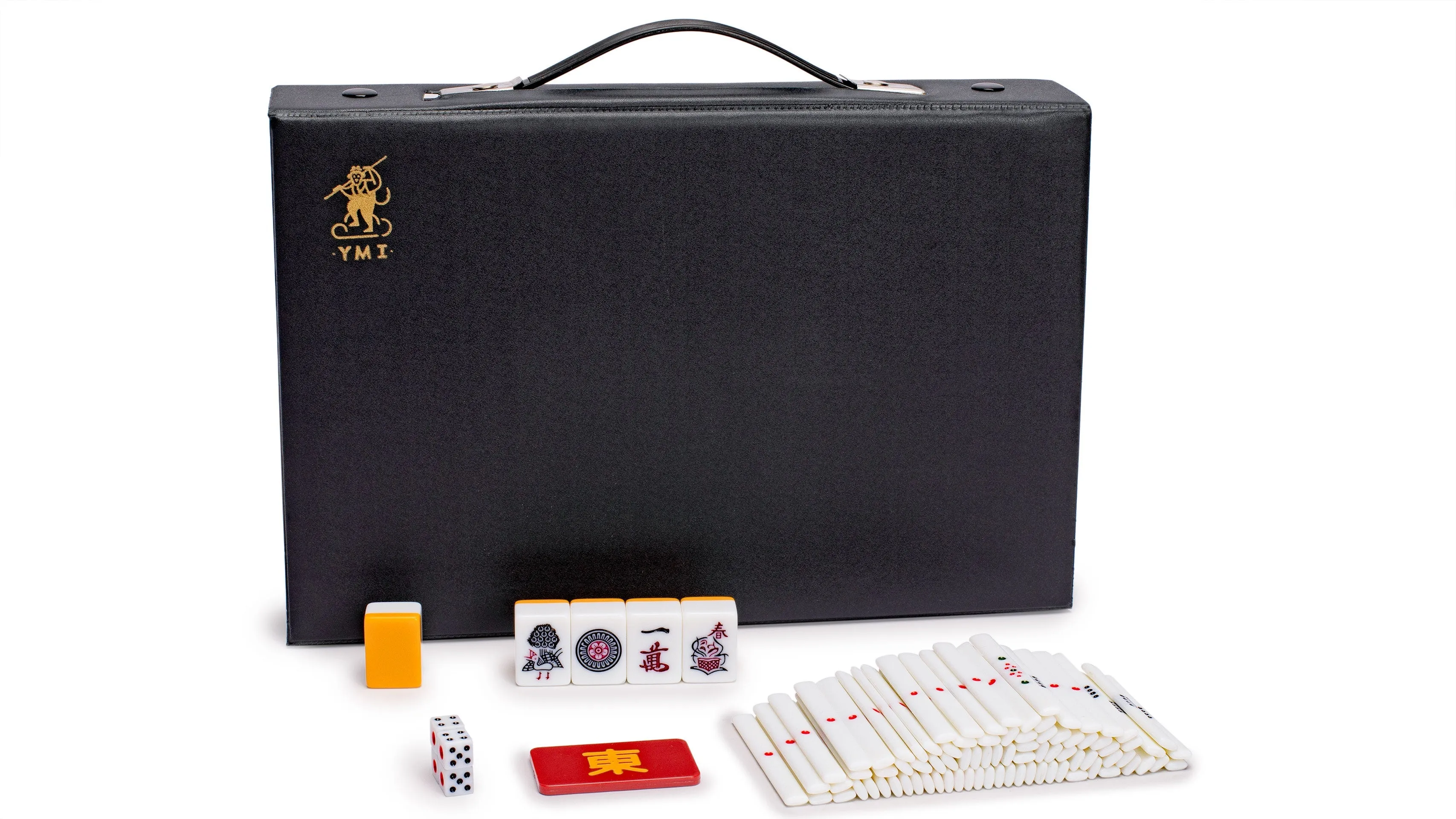 Japanese Riichi Mahjong Set - White and Yellow Standard Size Tiles with Black Vinyl Case - with East Wind Tile, Set of Betting Sticks, & Dice