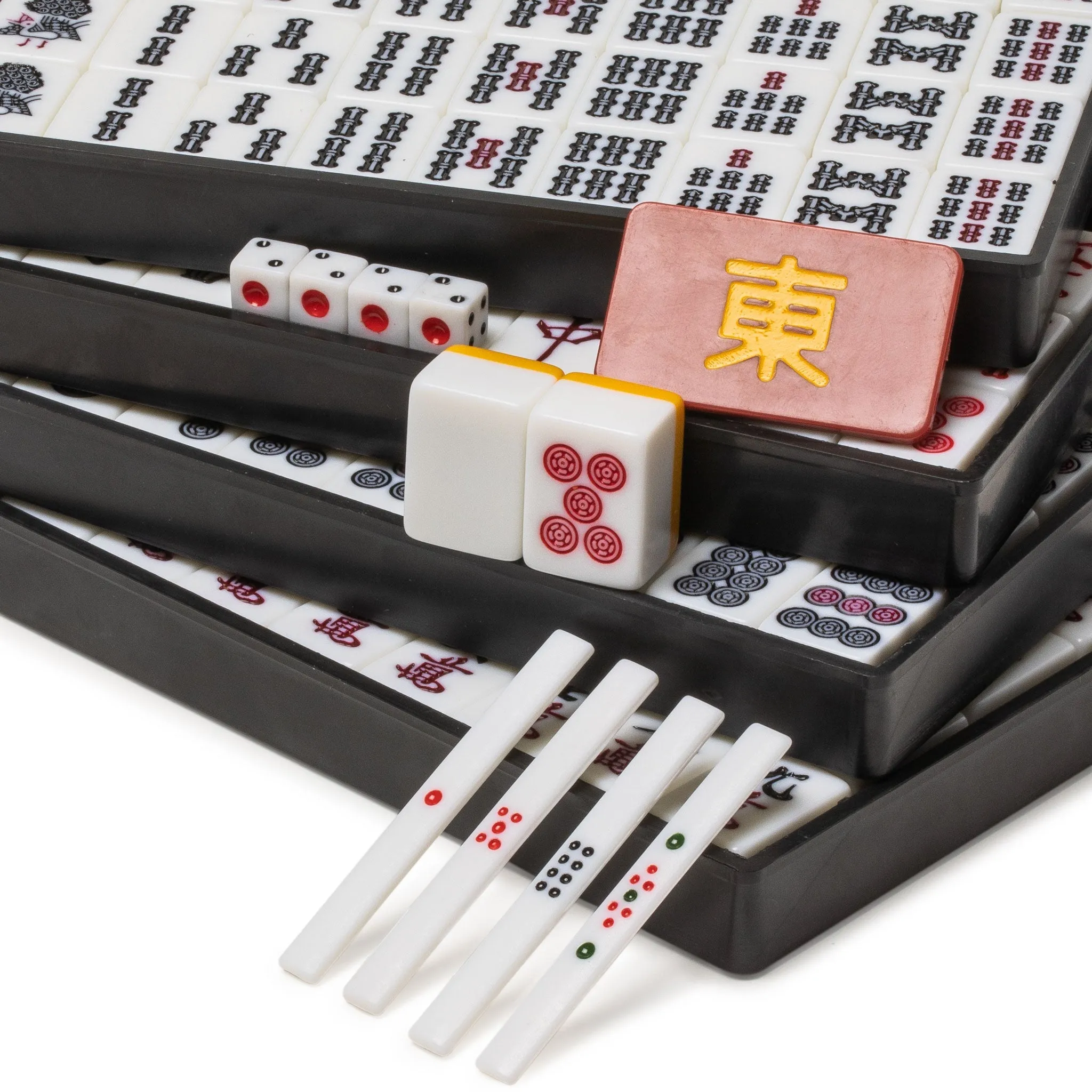 Japanese Riichi Mahjong Set - White and Yellow Standard Size Tiles with Black Vinyl Case - with East Wind Tile, Set of Betting Sticks, & Dice