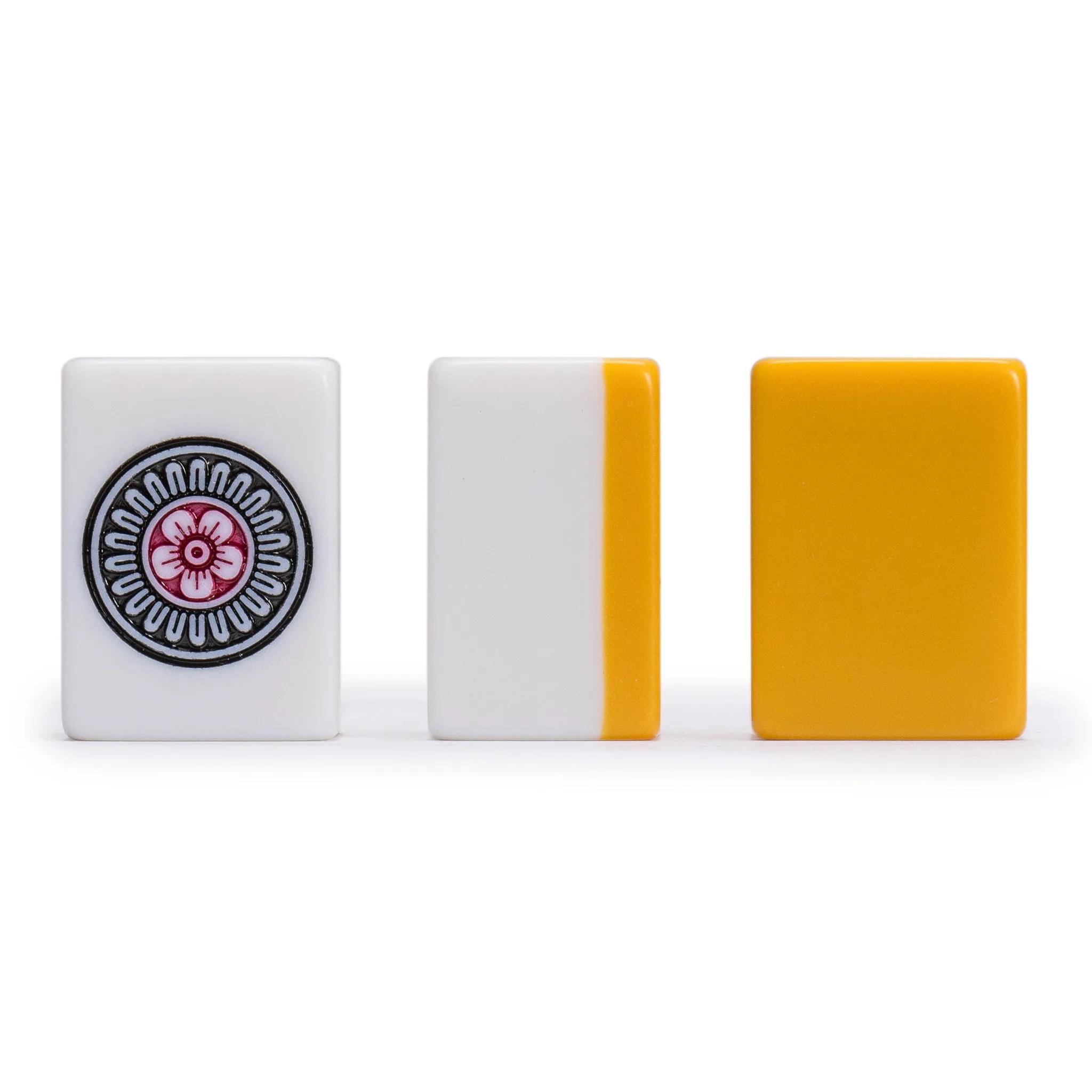 Japanese Riichi Mahjong Set - White and Yellow Standard Size Tiles with Black Vinyl Case - with East Wind Tile, Set of Betting Sticks, & Dice