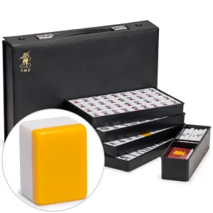 Japanese Riichi Mahjong Set - White and Yellow Standard Size Tiles with Black Vinyl Case - with East Wind Tile, Set of Betting Sticks, & Dice