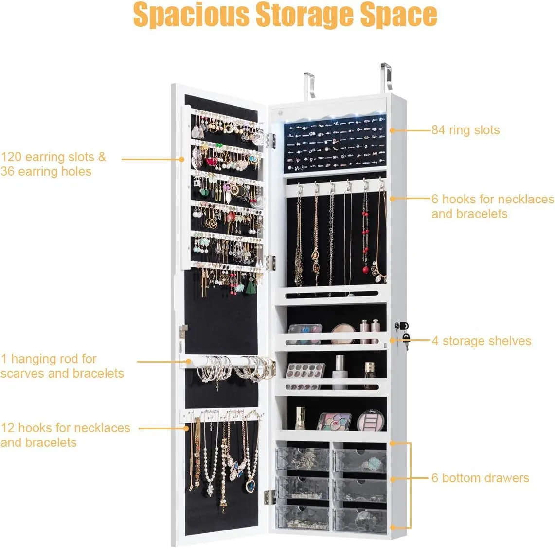 Jewelry Cabinet Armoire, Wall Mount Door Hanging, Lockable Jewelry Organizer with 47.5'' Full Length Mirror, 5 Lights, Large Jewelry Storage Box with 6 Acrylic Drawers (White)