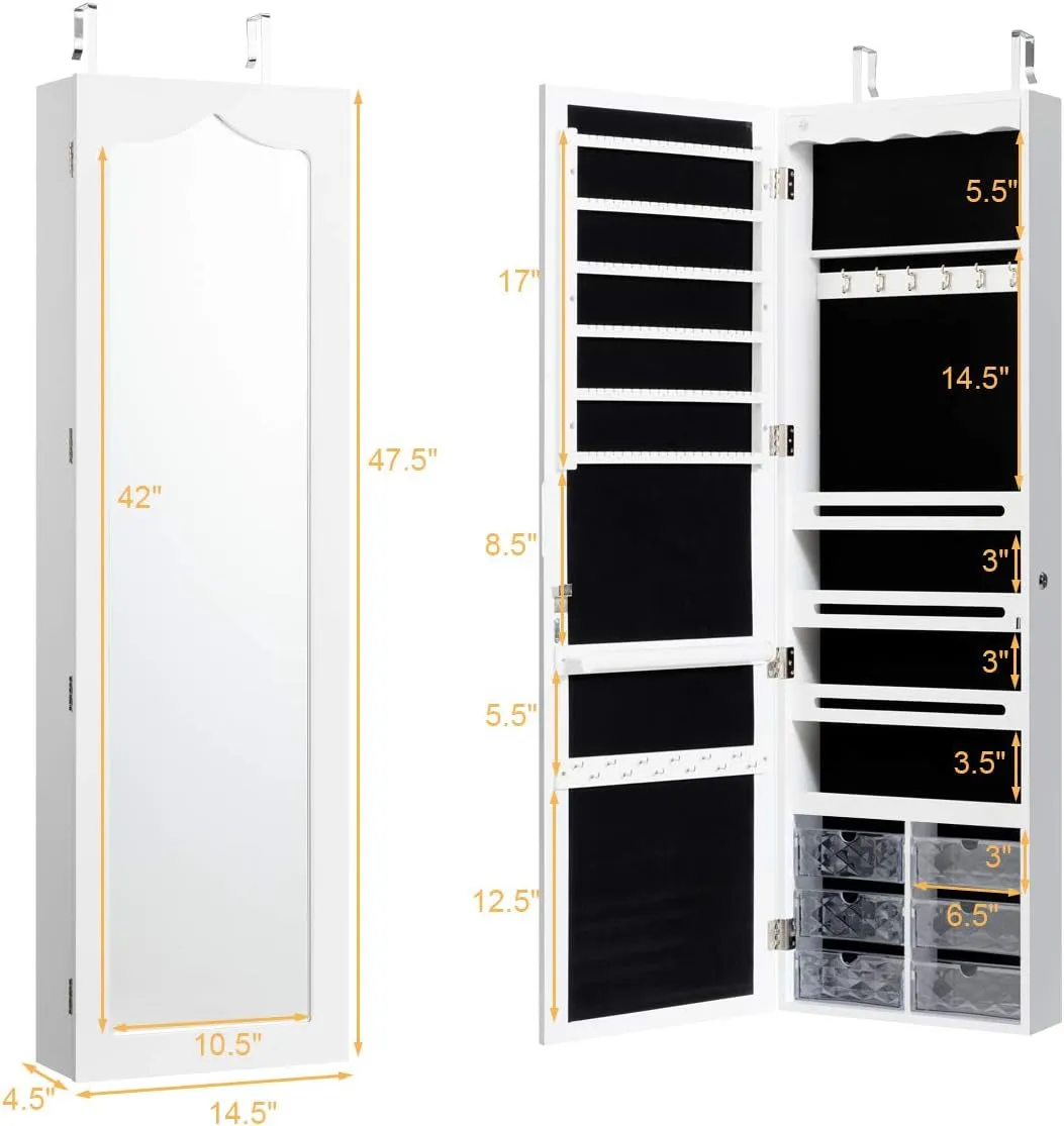 Jewelry Cabinet Armoire, Wall Mount Door Hanging, Lockable Jewelry Organizer with 47.5'' Full Length Mirror, 5 Lights, Large Jewelry Storage Box with 6 Acrylic Drawers (White)