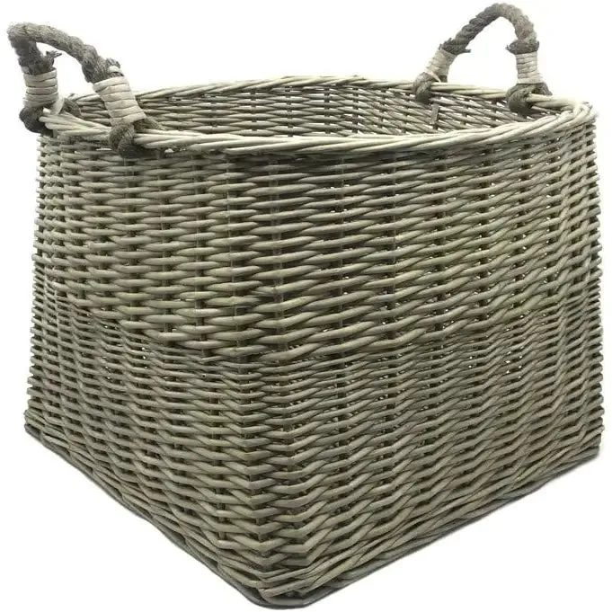 JVL Antique Washed Lined Log Baskets With Rope Handles - Rectangular, Round, Oval & Square Available