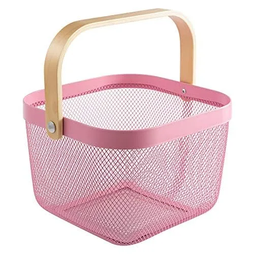 Kuber Industries Metal Wire Basket With Handle|Storage Basket Fot Fruits, Books|Mesh Open Storage Bin|Storage Organizer|Pack Of 2|Pink