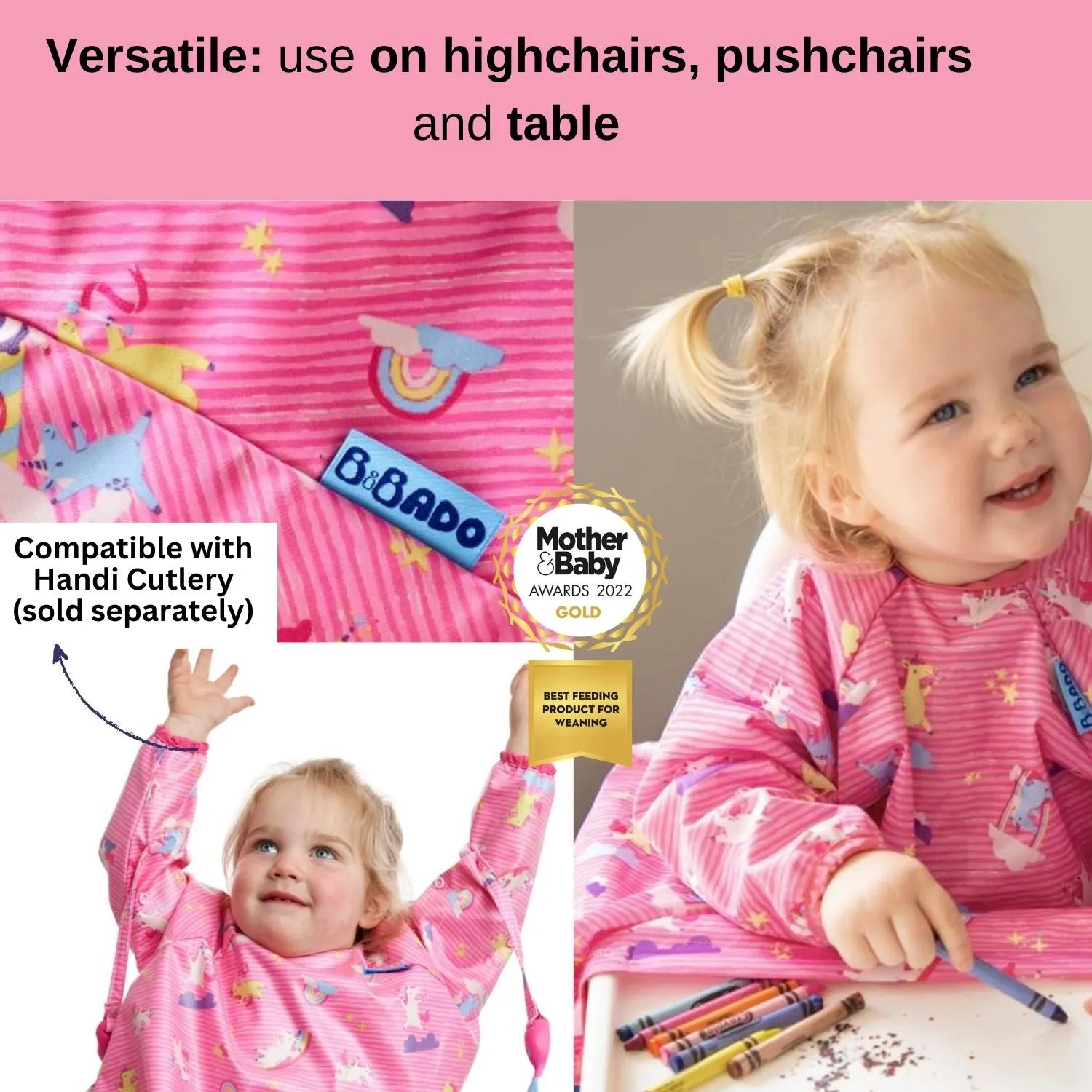 Long Sleeve Coverall Weaning Bib Unicorns Pink