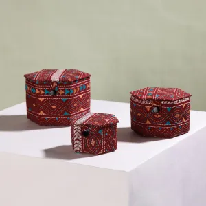 Maroon - Bengal Kantha Work Handcrafted Hexagon Jewelry Box (Set of 3)