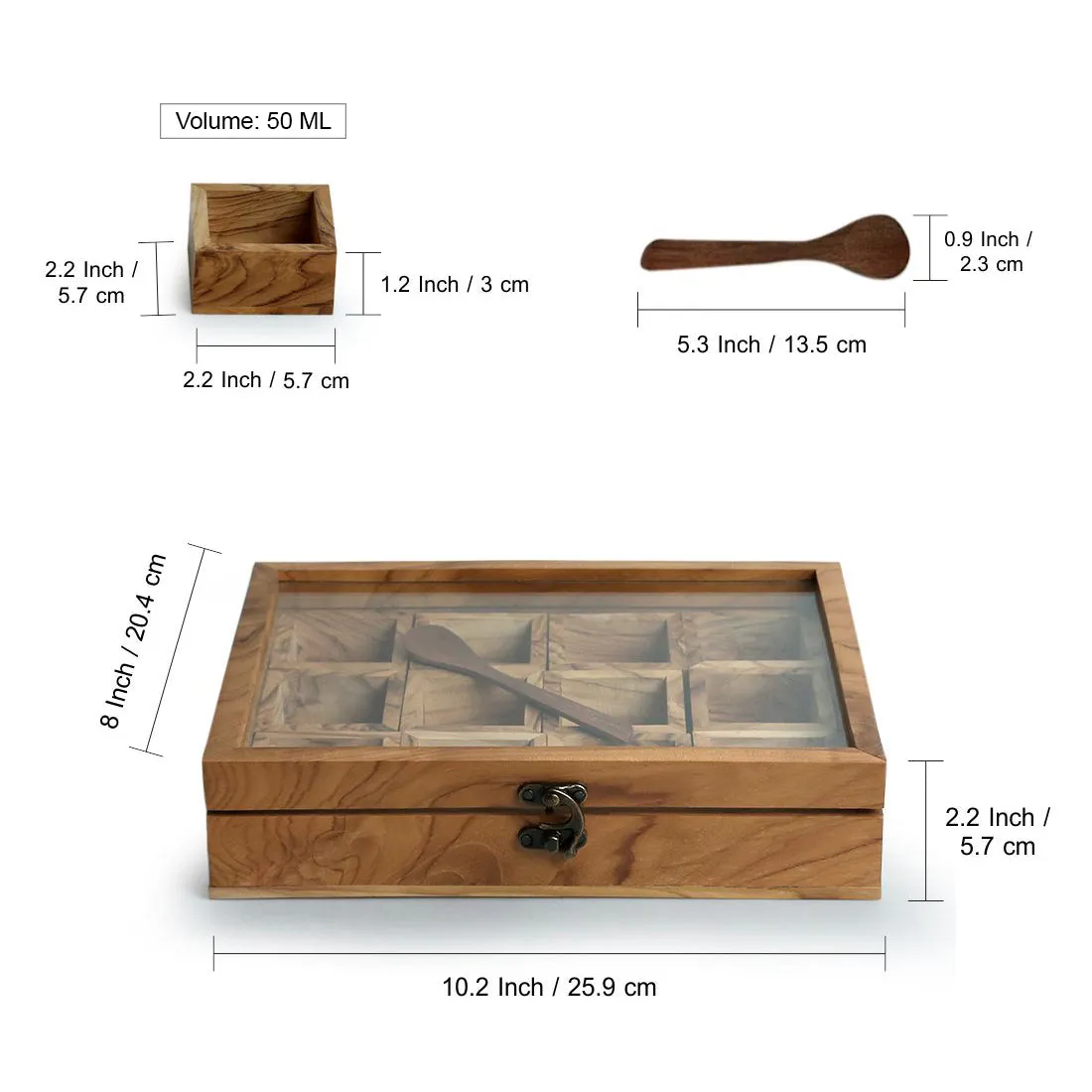 'Medley of Masalas' 12 Container Spice Box With Spoon In Teak Wood