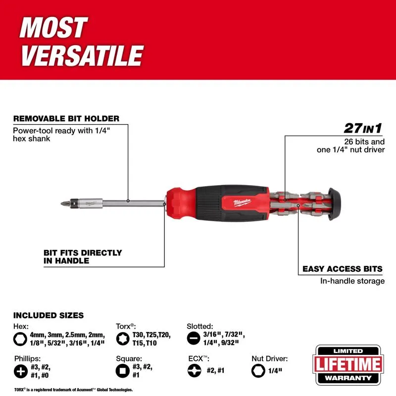 Milwaukee Hex Shank 27-in-1 Multi-Bit Screwdriver 9.11 in. 1 pc