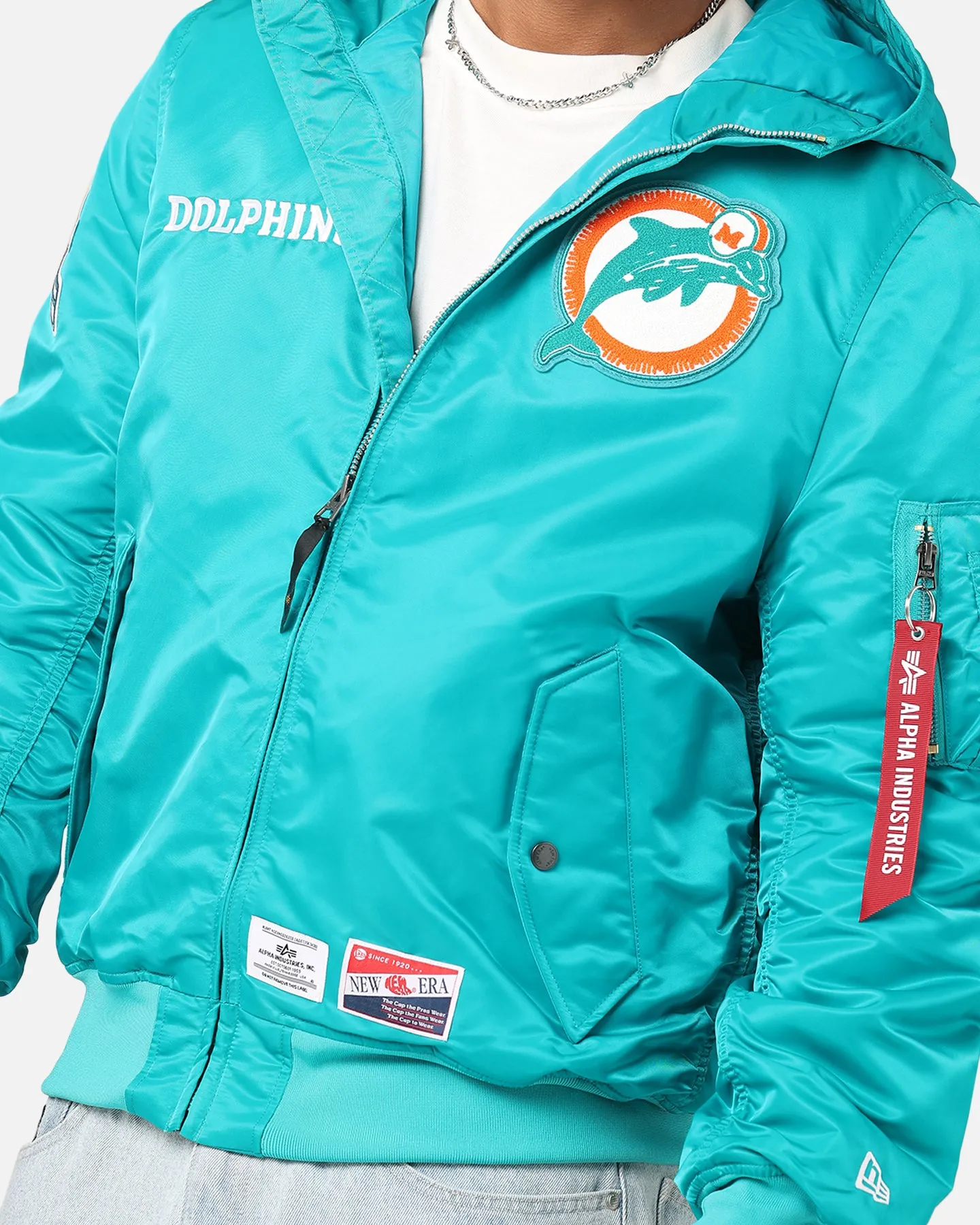 New Era Miami Dolphins Alpha Industries L-2B Hooded Bomber Jacket Turquoise