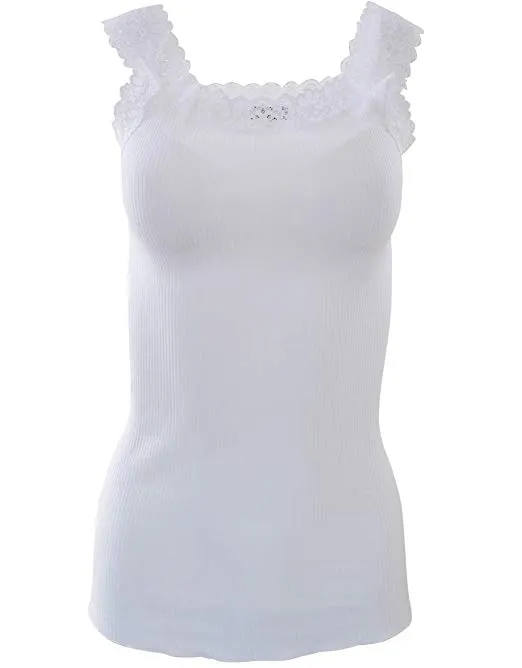 Premium Quality 100% Cotton Women's Lace Trim Tank Top