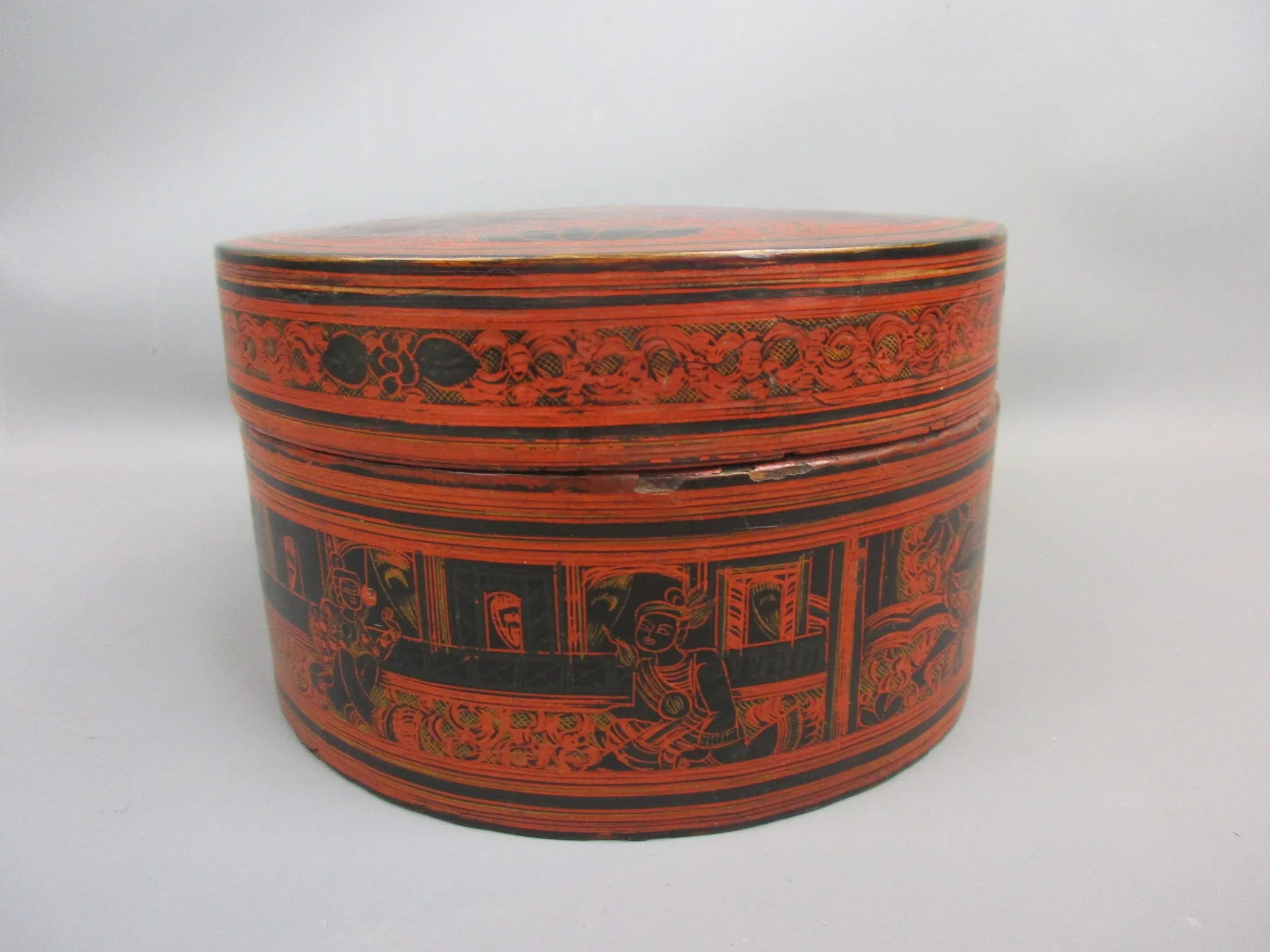 Red & Black Lacquered Wood Middle Eastern Tiffin Food Caddy Vintage c1930