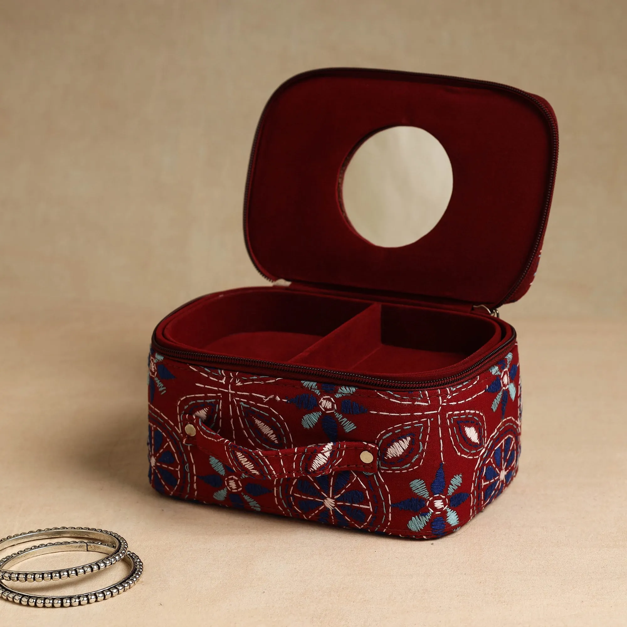 Red - Bengal Kantha Work Handcrafted Jewelry Box with Mirror 08