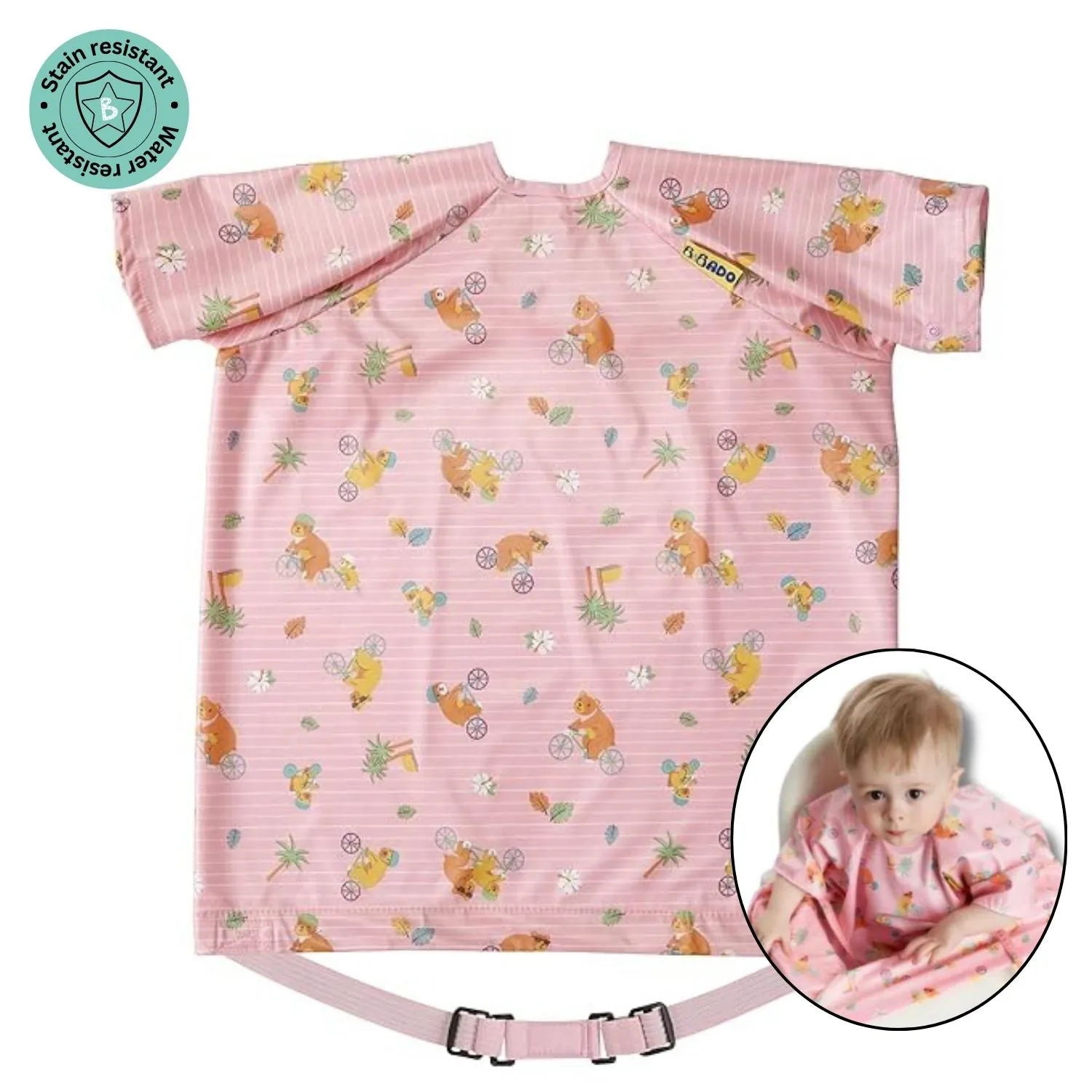 Short-Sleeve Coverall Weaning Bib Teddy Bear Pink