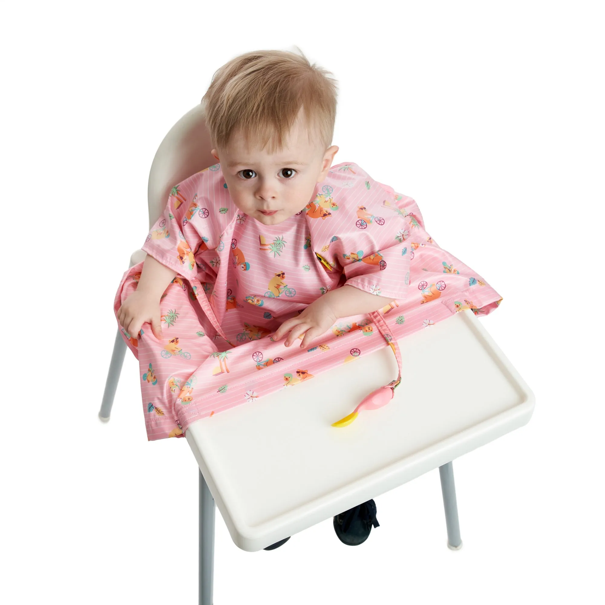 Short-Sleeve Coverall Weaning Bib Teddy Bear Pink