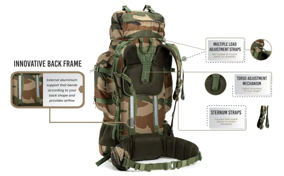 Tripole Colonel Pro Metal Frame Rucksack with Detachable Day Pack and Rain Cover for Trekking and Travelling | 5 Year Warranty (90 Ltr, Indian Army)