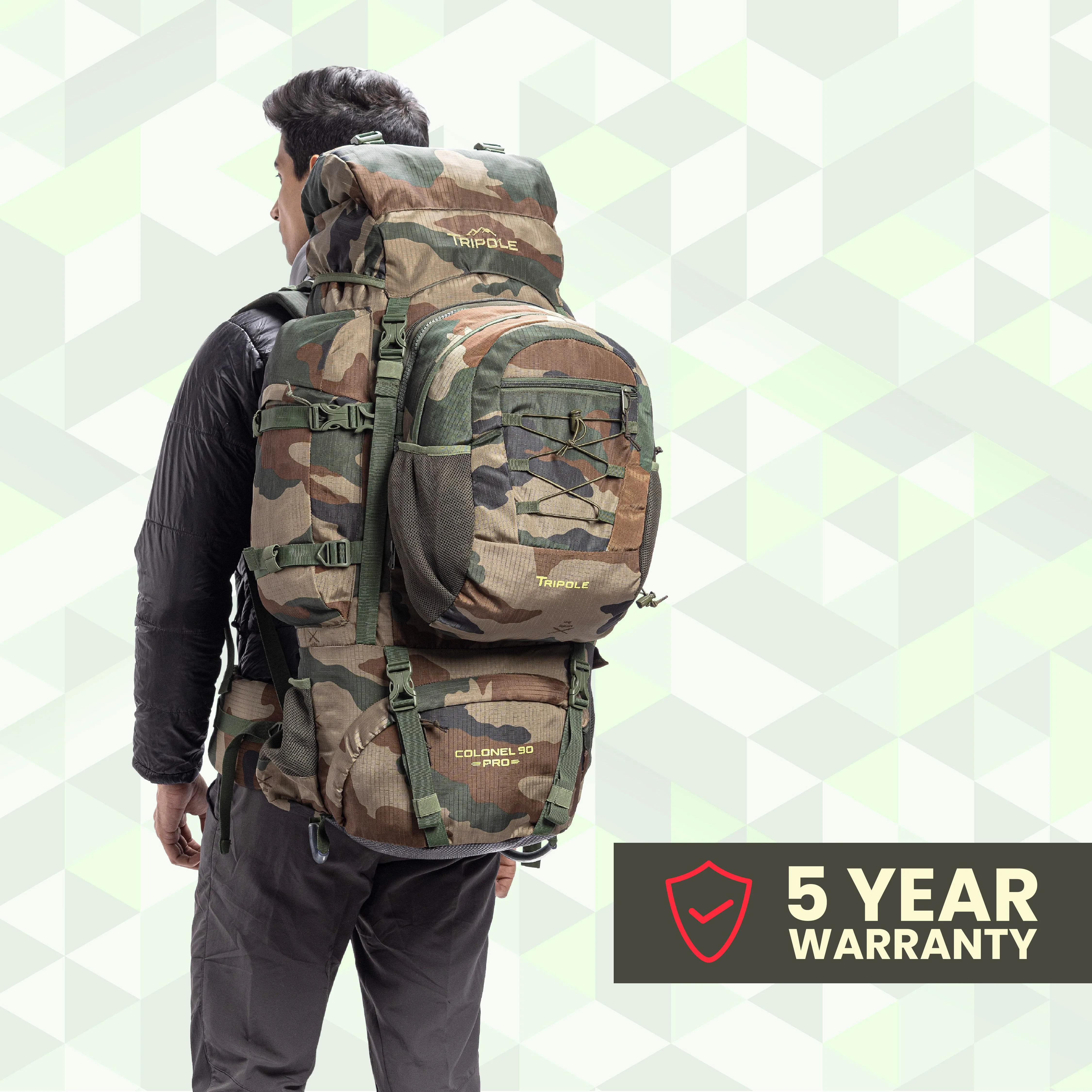 Tripole Colonel Pro Metal Frame Rucksack with Detachable Day Pack and Rain Cover for Trekking and Travelling | 5 Year Warranty (90 Ltr, Indian Army)