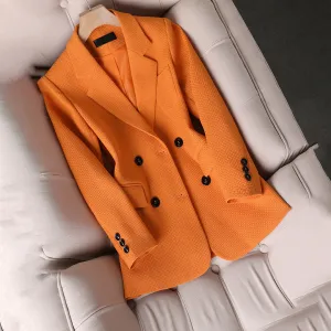 Women's Chic Orange Buttoned Pocket Blazer with Textured Fabric | For Everyday Wear