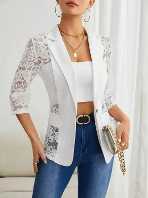 Women's Elegant White Lace Blazer with Notched Lapel | Ideal for All Seasons